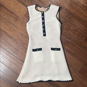 Self-Portrait Cream Mini Knit Dress with Navy Contrast Trim